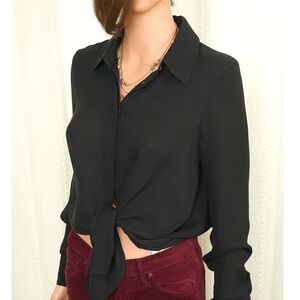 Haute Hippie Black 100% Silk Draped Open Back Tie Front Button Down Blouse XS